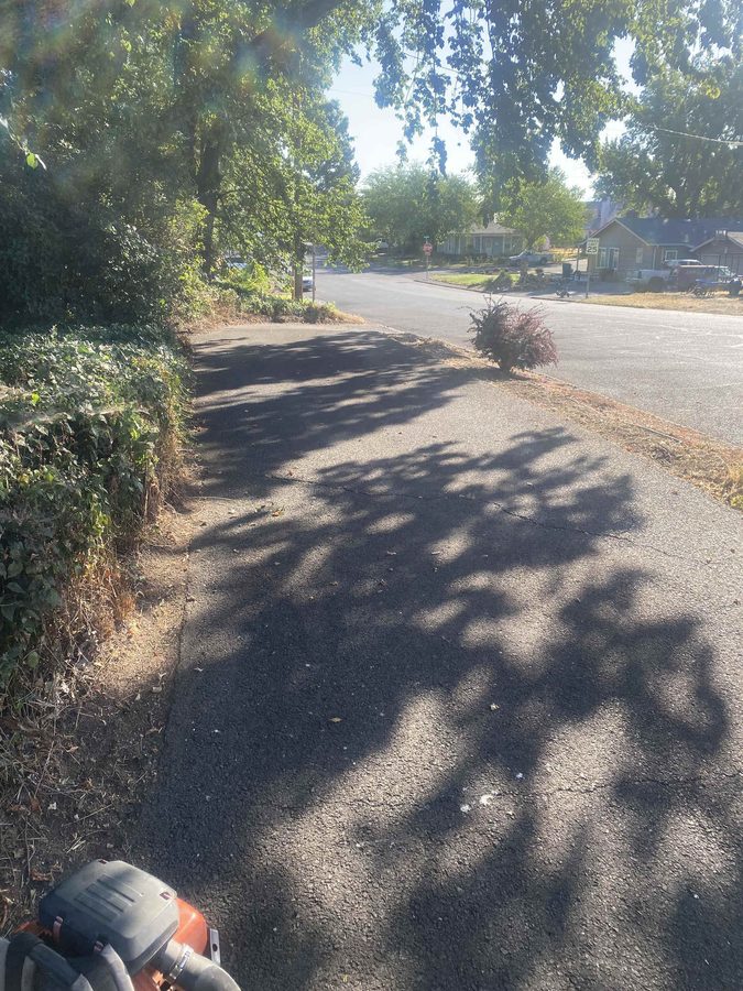 Sun-faded gray asphalt driveway blown clean of debris and ready for sealcoating on Hazel Street in Central Point, Oregon